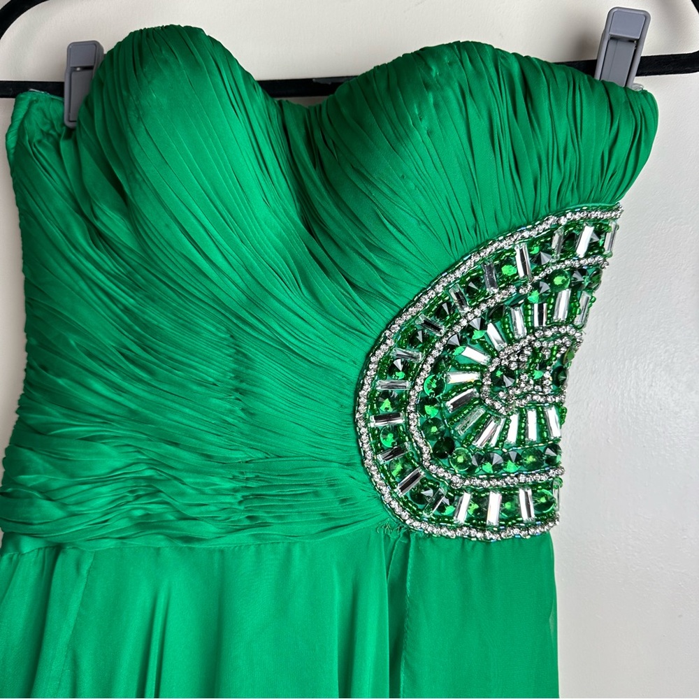 Sherri Hill EmeraldGreen Strapless PleatedTop Rhinestone/Jeweled Chiffon Dress 4 - Picture 9 of 16